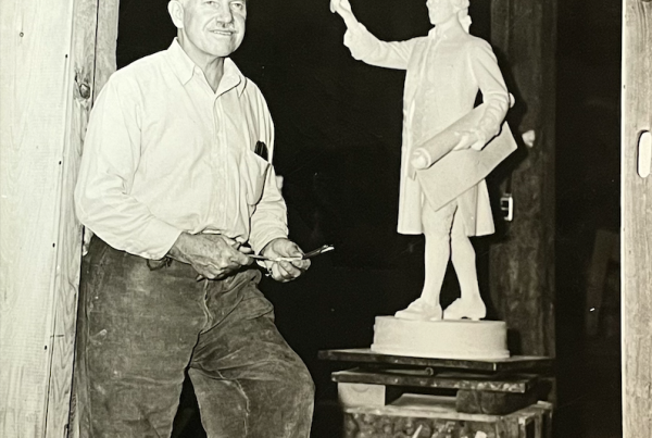 Paul Manship with scale model of John Hancock about 1950